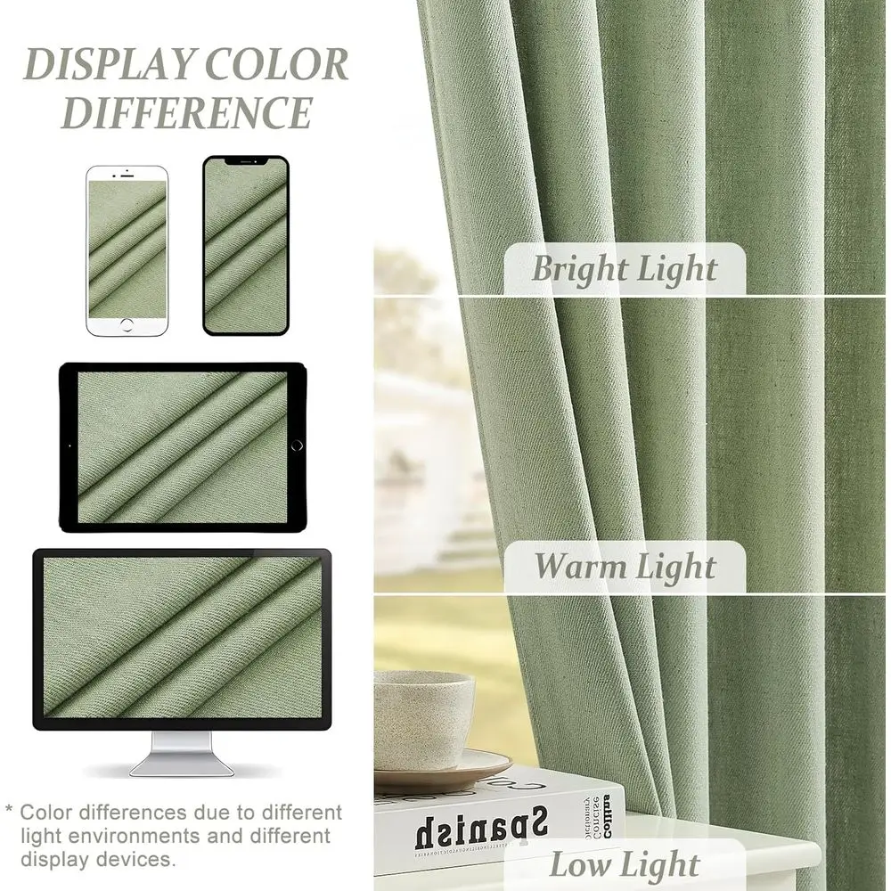 120 Inch Sage Green Linen Blend Curtains, 2-Panel Set with Back Tabs for Farmhouse Style Living Spaces