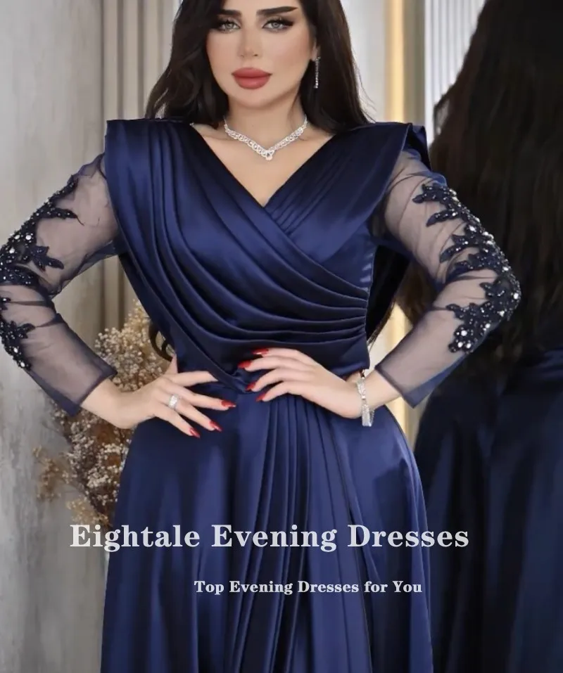 Eightale Arabic Evening dresses V-Neck Appliques Beaded Long Sleeves Navy Blue Customized Satin Prom Party Gown Robe De Soirée