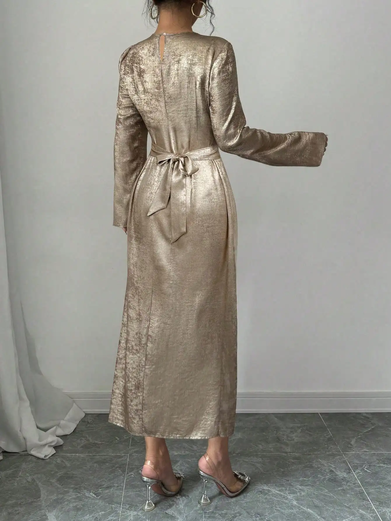 Women's Metallic Midi Dress Round Neck Flare Long Sleeve 100% Polyester Self Tie Waist Elegant Wedding Guest Evening Party Dress