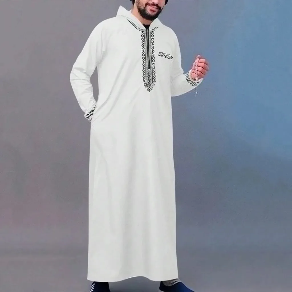 Eid Ramadan Muslim Men'S Hooded Thobe Long Robe Embroidered Islamic Black Casual Gown Open Front Design For Comfortable Wear