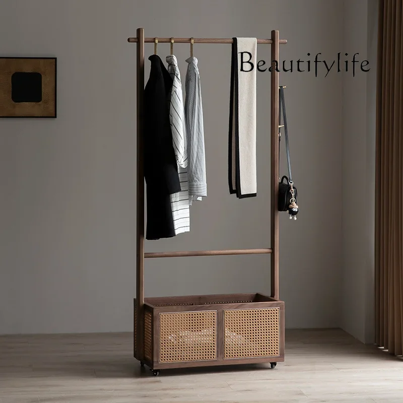 Y Black Walnut Removable Hanger Dirty Basket Integrated Rattan Frame Coat Rack Floor Fashion