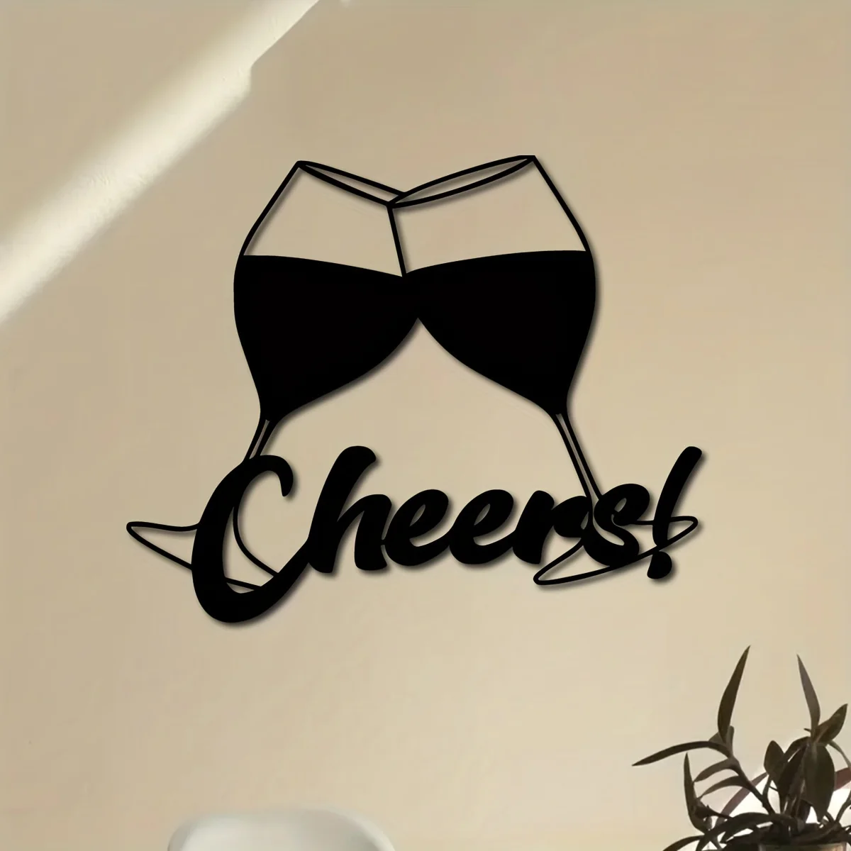 2D Modern Black Metal Wine Glasses Wall Art - Cheer Sign Design for Kitchen, Bar, Restaurant Decor - Indoor/Outdoor Wine