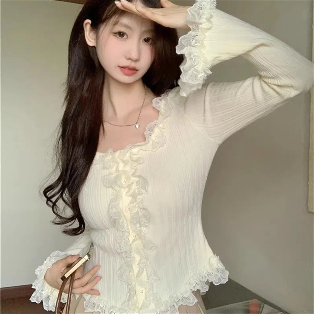 

Style Sexy Long Sleeve O-neck Lace Spliced T-shirt 2025 Spring Autumn Top Slimming Pullover Fashion Knitted Ladies Tshirt