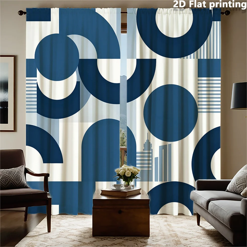 2pc Abstract Geometric Blue Curtains Set Modern Living Room Window Drapes Panels Navy Blue Pattern Waterproof Home Decor Curtain
