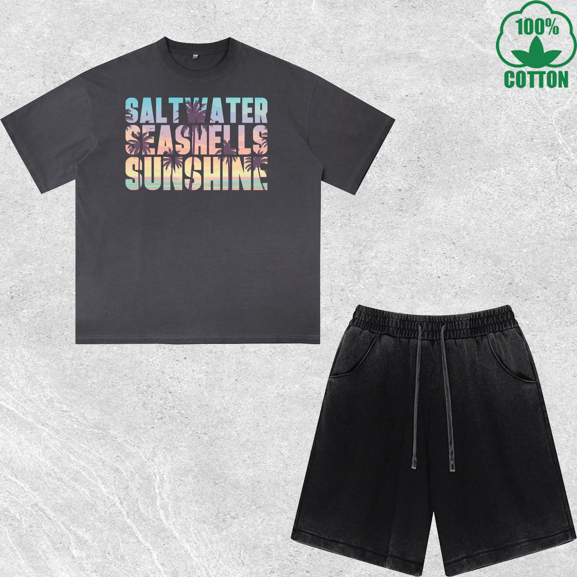 

Saltwater Seashells Sunshine Printed Dirty Wash T-Shirt Shorts Set Multicolor Combo Loose Trendy Fashionable 100%Cotton