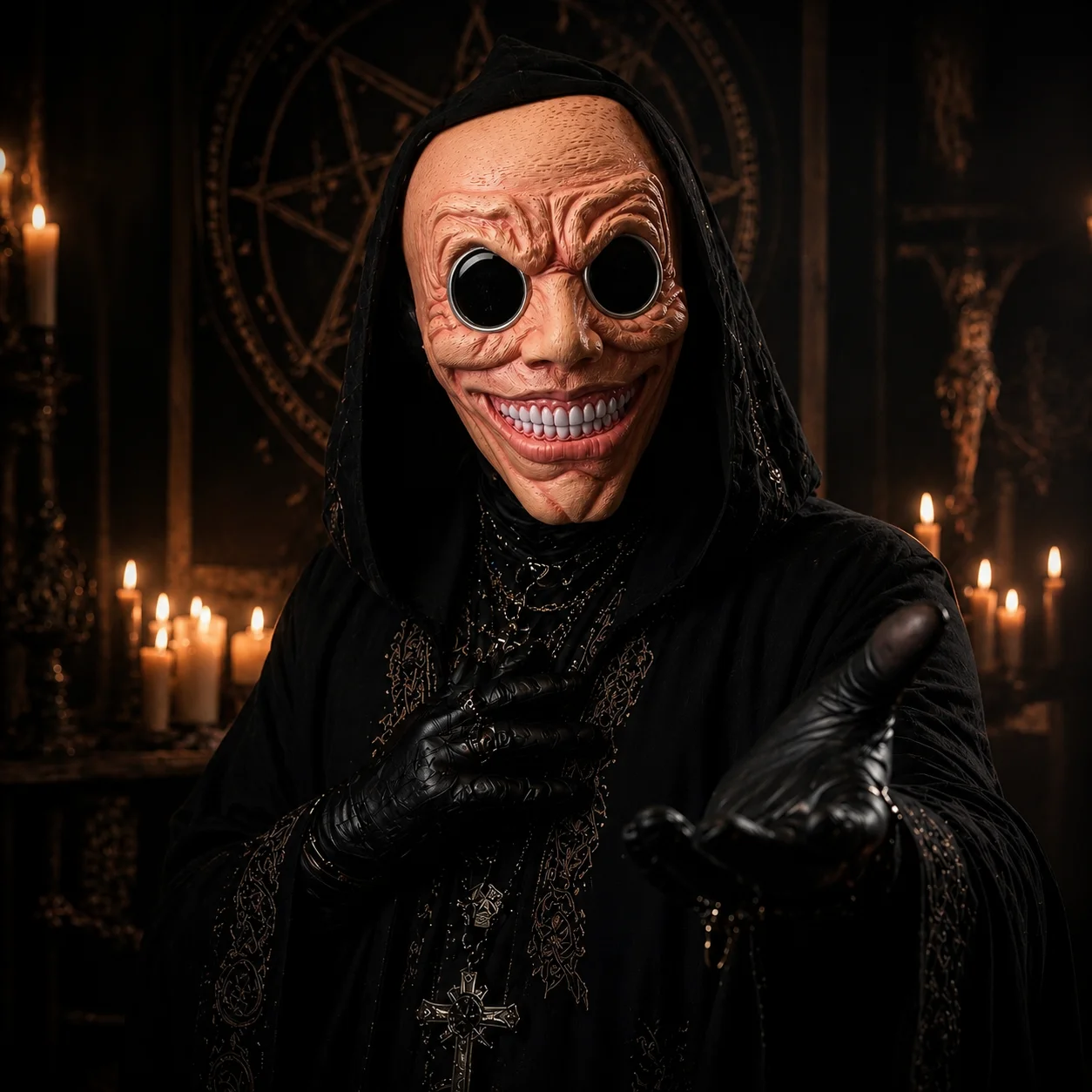 Großäugige Dämonen-Latexmaske mit Bösartigem Lächeln Gruseliges Monster Halloween Cosplay Party Spukhaus Kostüm-Requisite für Erwachsene