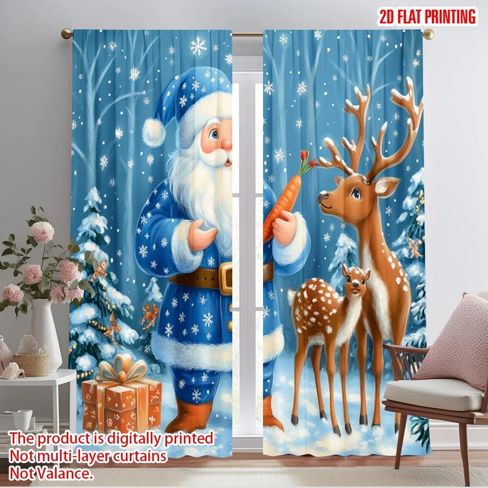 2pcs,2D plane printing Window Curtain Cute Christmas gnome and reindeer cartoon Polyester Easy Install (without rod) Festive