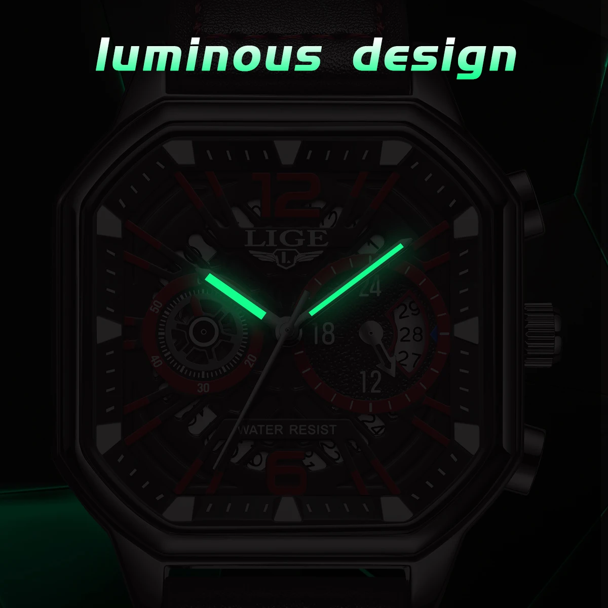 LIGE Fashion Square Dial Leather Mens Watches Luxury Sports Waterproof Date Watch Man Chronograph Quartz WristWatches Homme+Box