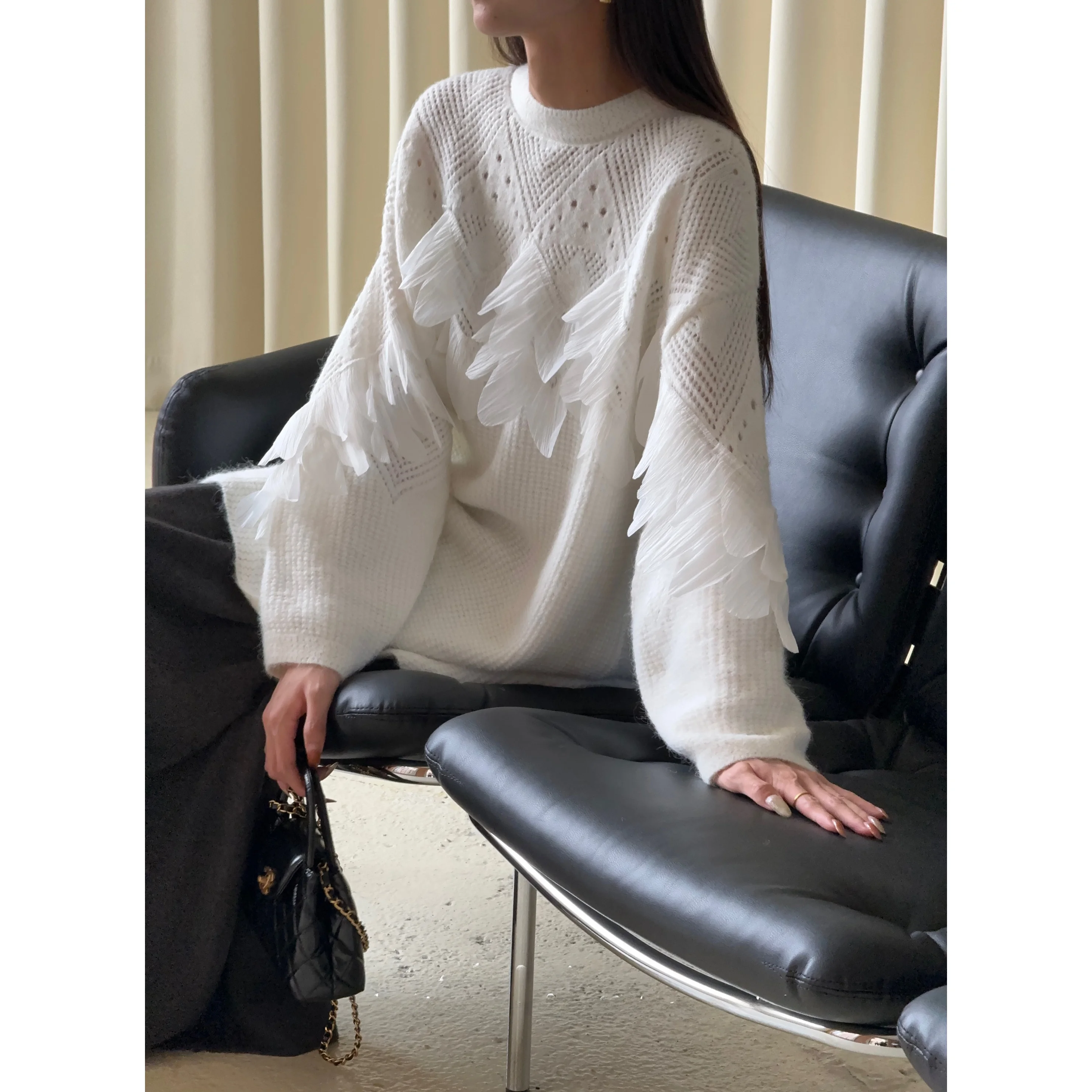 

Lazy Sle Knitted Sweater Petal Splicing Medium Length Loose Outerwear by Onepire Atelier Women's Faion Autumn Poly Wool S...