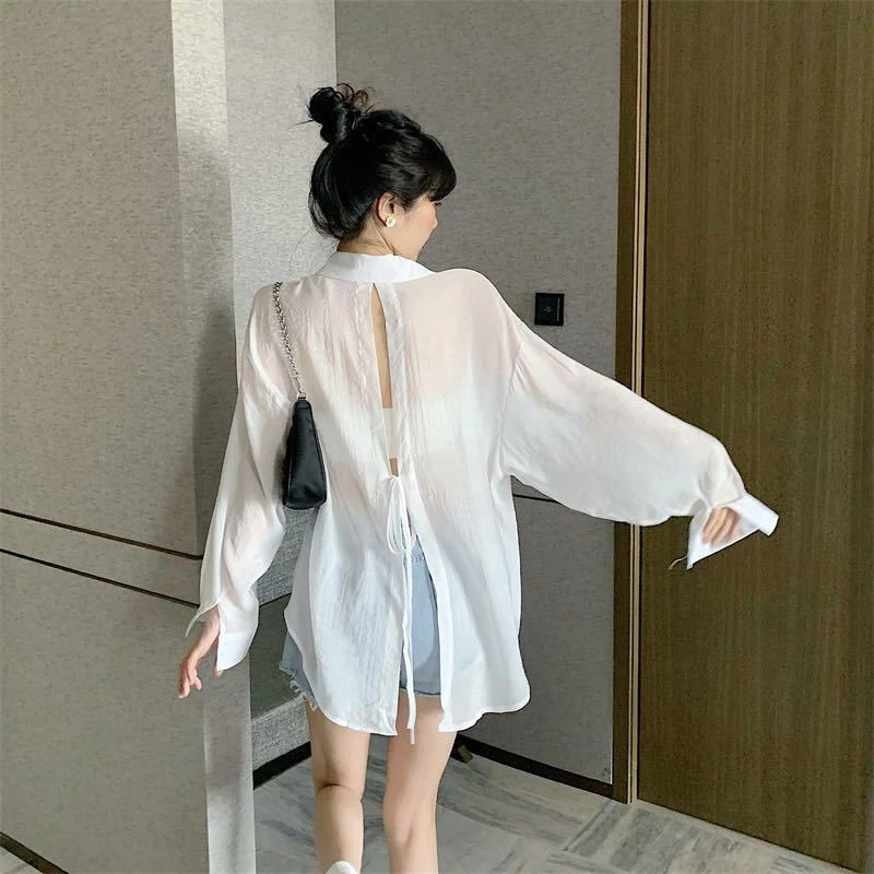 Summer Sun Protection Shirt Women Elegant Chic Loose Lace Up Blouses Korean Fashion Harajuku Long Sleeve Thin Tops Ladies New