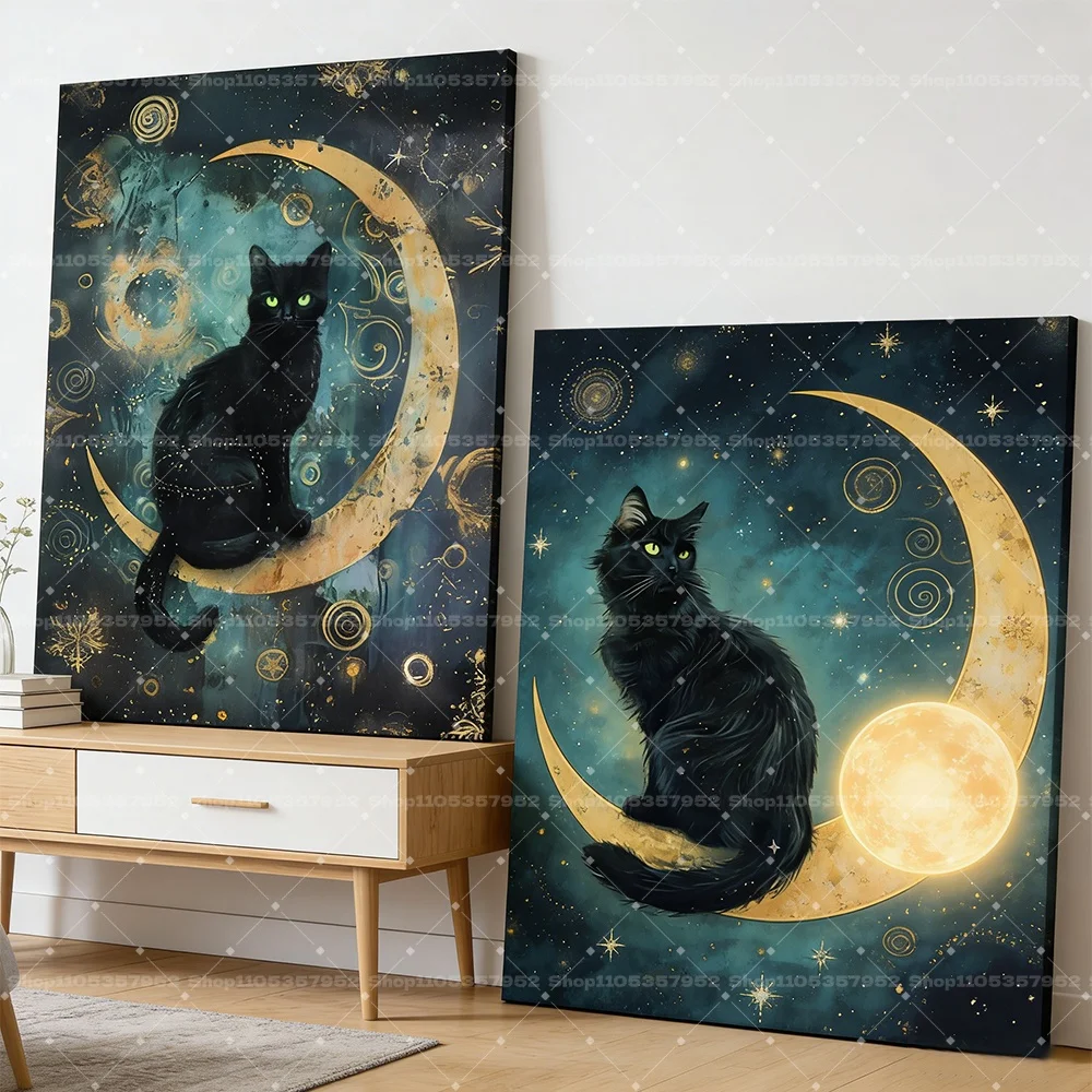 Mystical Black Cat Moon Canvas Wall Art Witchy Celestial Vintage Classic Posters Prints Bedroom Living Room Home Decor Pictures