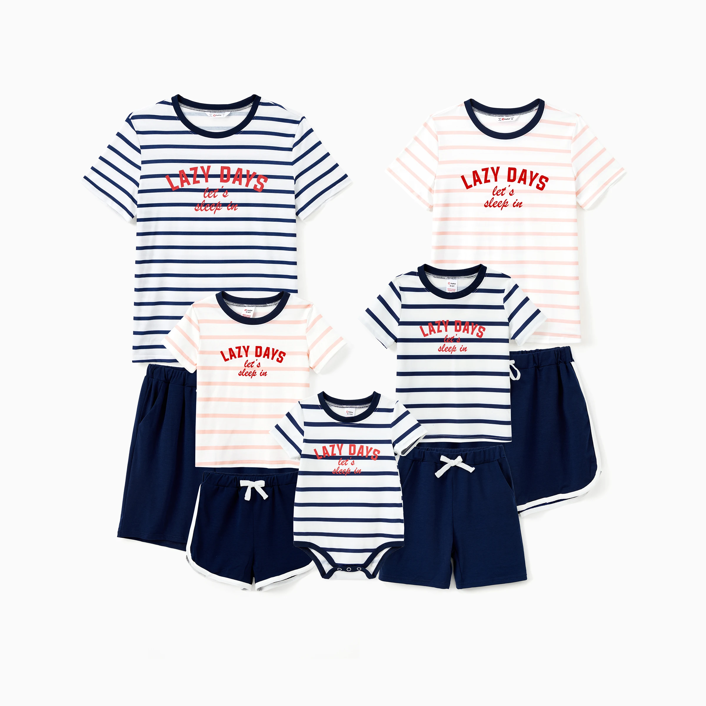 PatPat Family Matching Pajamas Sets Preppy Style Striped Slogan Print Crew Neck Top and Navy Blue Drawstring Shorts