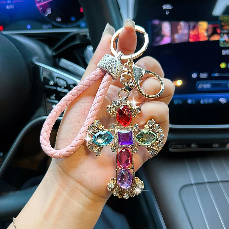 

Creative Leather Rope Alloy Cross Car Keychain Bag Decoration Personalized Accessories