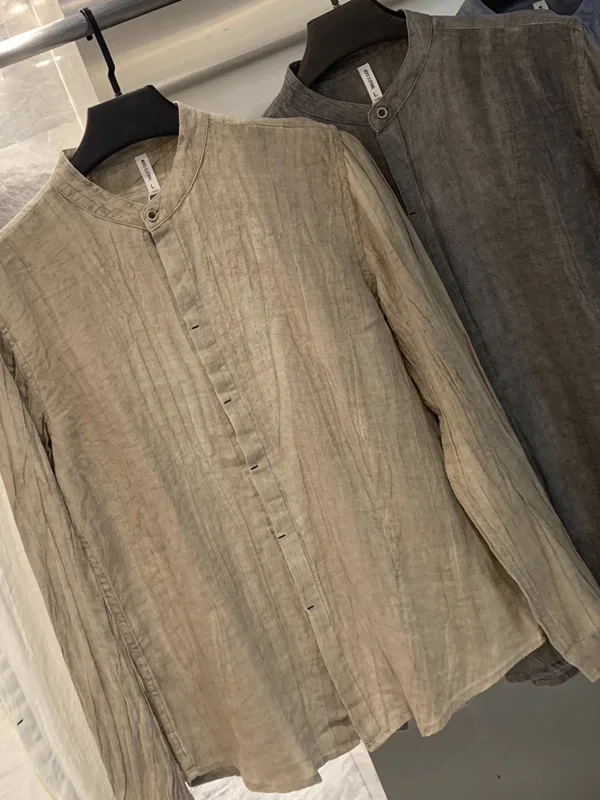 

Japanese Sle 00% Linen Casual Lightweight Spring Summer Men's Long Sve irt Small Stand Collar Versatile Loose Fit