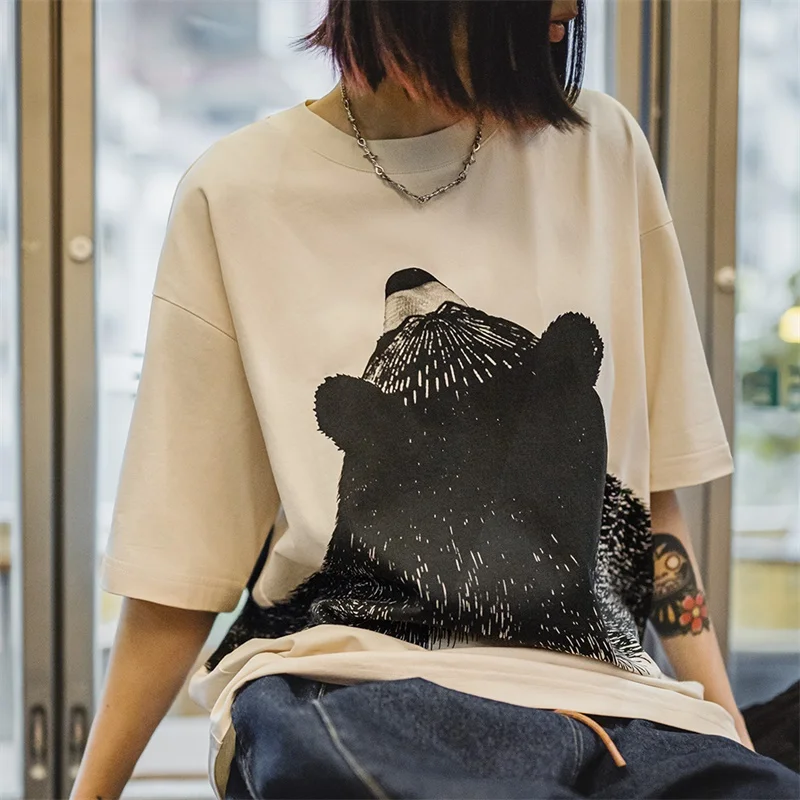 Maden Oversized Bear Print Short Sleeve T-Shirt Women's Summer Apricot Loose Fit Ribbed Crew Neck Tee Cute Casual Street Tops image 4