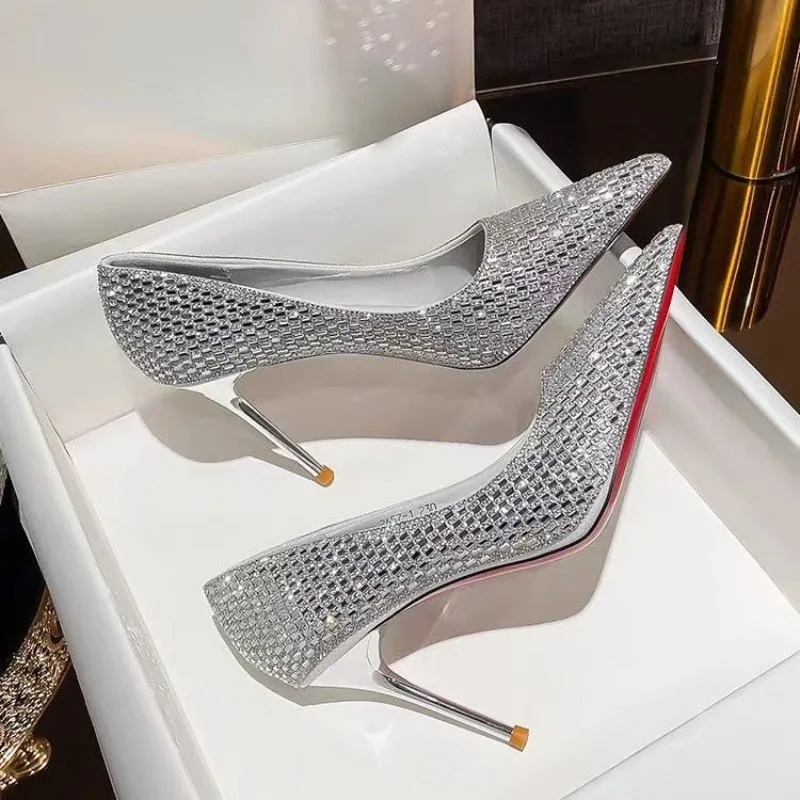 Sparkly Silver Women\'s High Heels 2024 Summer Sexy Pointed Lady Stiletto Low Heels Ultra High Heel Elegant Wedding Bridal Shoes