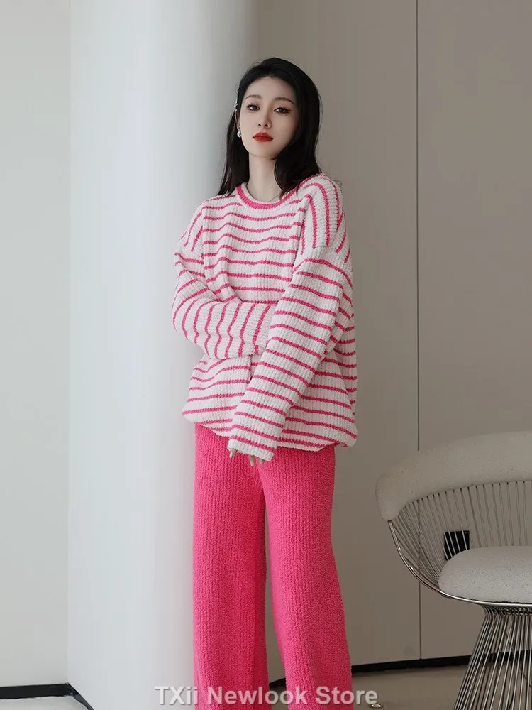 TXii Autumn and Winter Pajamas Women\'s Coral Fleece-Lined Thickened Warm Striped Internet Popular Outfit Home Clothes Suit