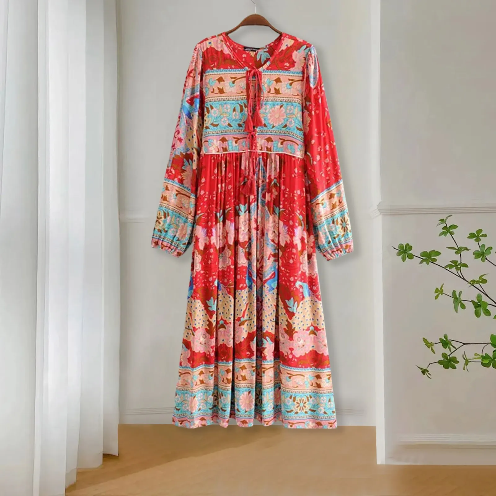 

Boho Women Long Sleeve Colorful Floral Print Tie Neck Beach Bohemian Maxi Dress Ladies Rayon Summer Boho Dresses Robe Vestidos