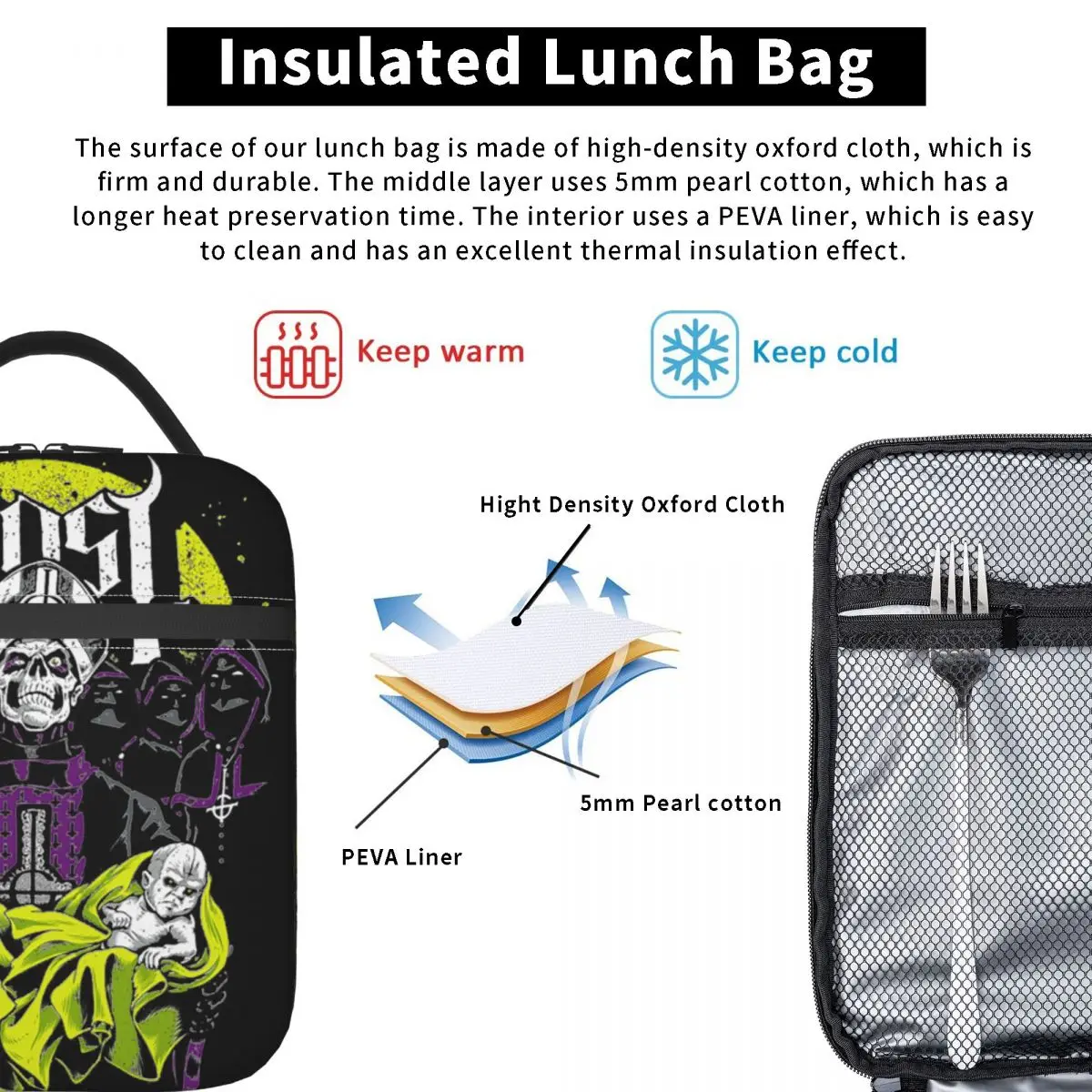 Ghost B.C. fiambrera con aislamiento de Metal pesado, bolsa enfriadora, contenedor de comida, Tote portátil, fiambrera, viaje escolar para niños y niñas