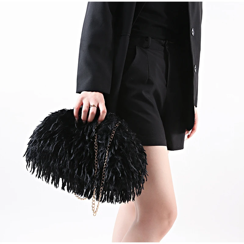 Lockige, flauschige Kunstfeder-Plüsch-Umhängetasche mit Kette, Damen-Clutch mit Falten-Design für Partys und Abendveranstaltungen, Herbst/Winter – Detail 11