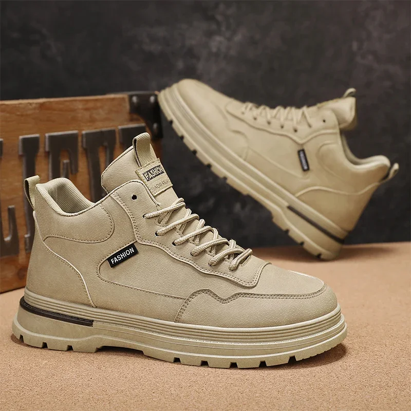 

New Men's High-top Boots for Autumn and Winter: PU Leather Solid Color Flat Heel Lace-up Warm Round Toe Daily Boots