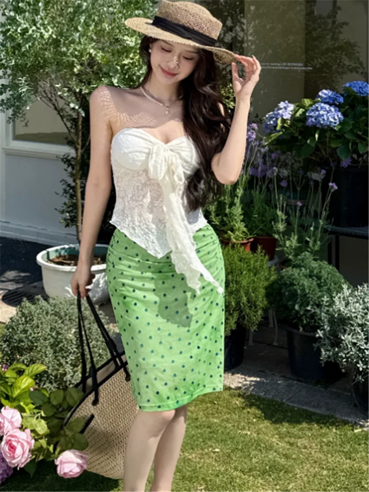 

INS Hot Stunning Summer Resort Style Two Pieces Dress Sets New Holiday 2pc Strapless Short Vest Top&Polka Dot Green Skirt Suits