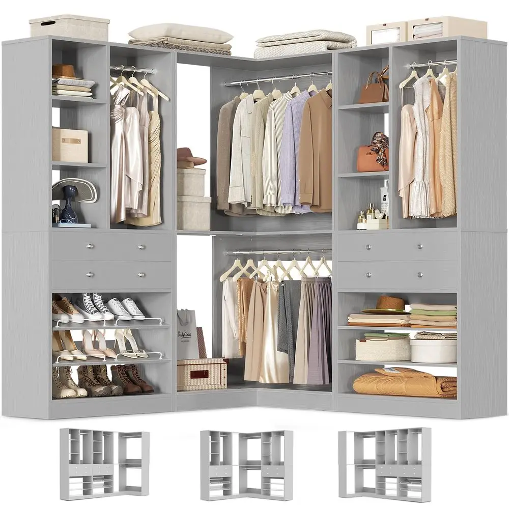 

System with 4 Drawers and Hanging Rods, 59.5L 87L Closet Organizer System with Corner Tower, L Shaped Walkin Closet System, Cor