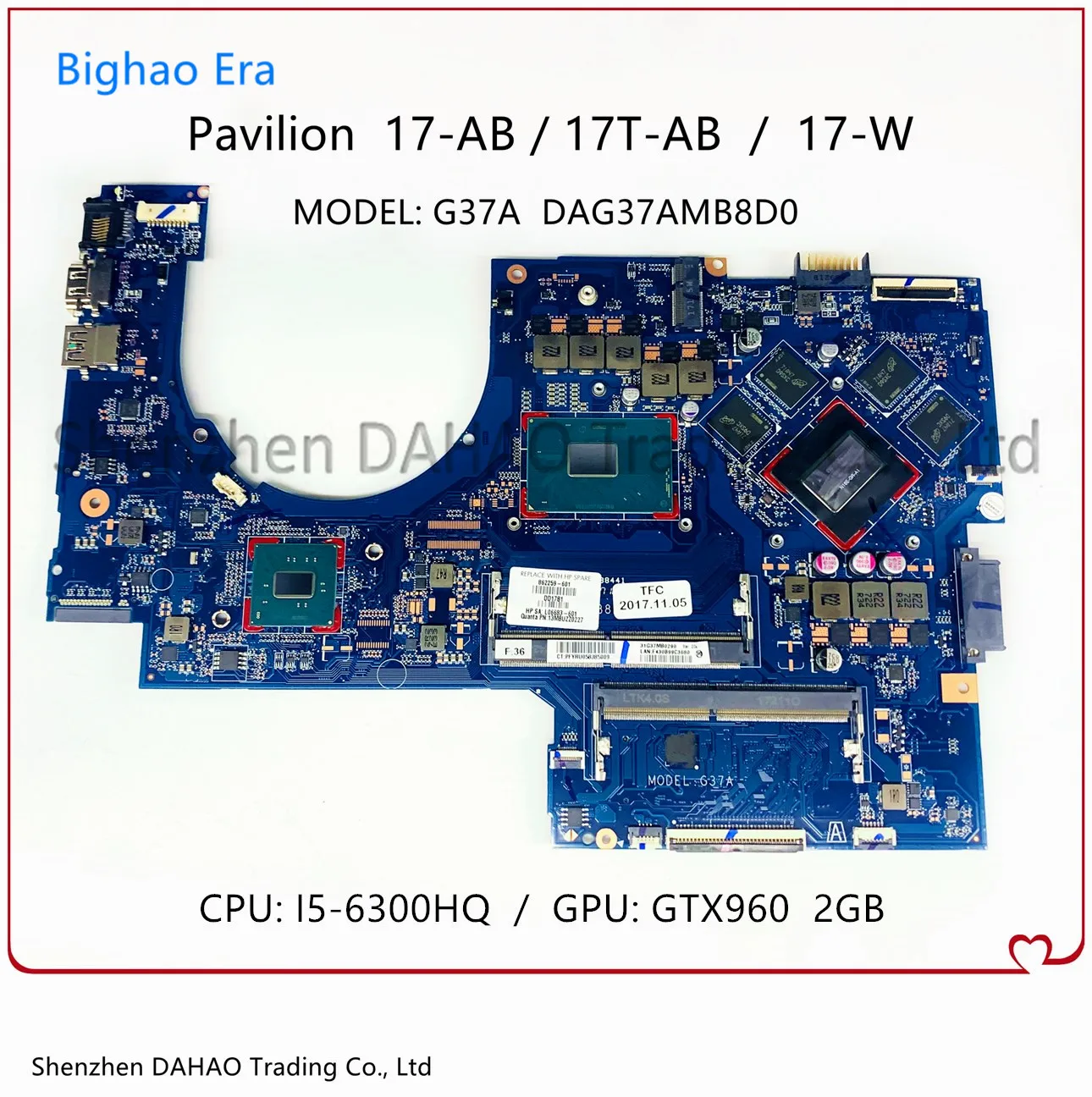 

857390-001 857390-601 For HP 17-AB 17T-AB 17-W Laptop Motherboard DAG37AMB8D0 With i5-6300HQ CPU GTX960 2G-GPU 100% Fully Tested