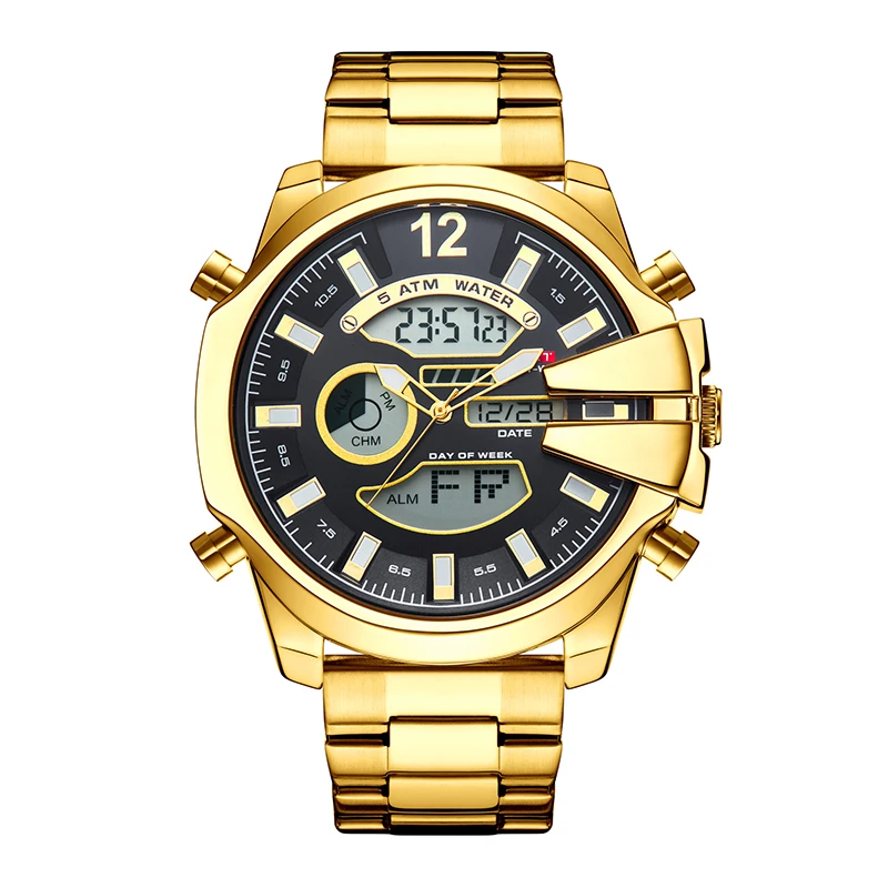 Men Big Dial Wrist Watches Gold Top Brand Luxury Male Clock 2024 Gold Black Quartz Dual Display Chronograph Dropship Watch For