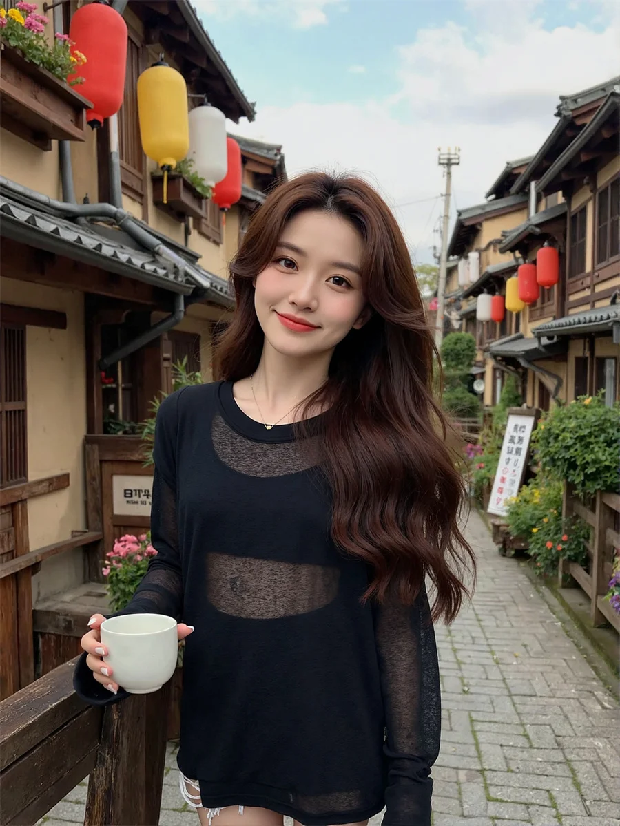 긴 소매 티셔츠 여성용 모달 플레어 갤러리 투어 전시회 방문 예술적 나들이