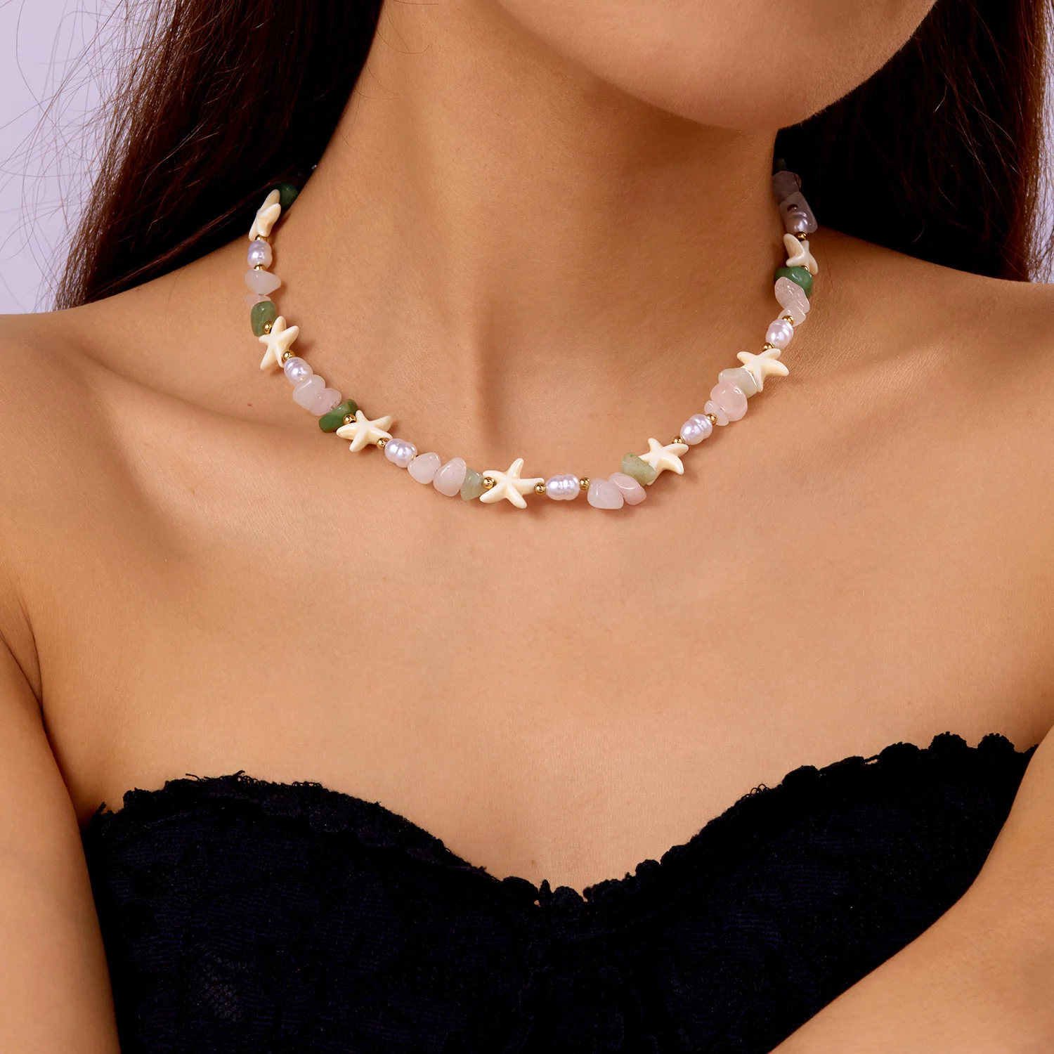 Unregelmäßige bunte Naturstein-Perlen-Halskette für Frauen, handgefertigt, böhmischer Seestern, Schlüsselbeinkette, Strandparty, Charm-Schmuck – Detail 11