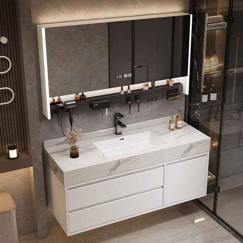 `Sintered Stone Seamless Ceramic Vanity Multi-Layer Solid Wood Bathroom Cabinet Combo Face Wash Hand Sink Lavatory Furniture