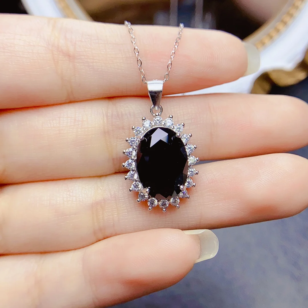 

FS Real S925 Sterling Silver Inlay 10*14mm Natural Black Spinel Pendant Necklace Fine Charm Weddings Jewelry for Women MeiBaPJ