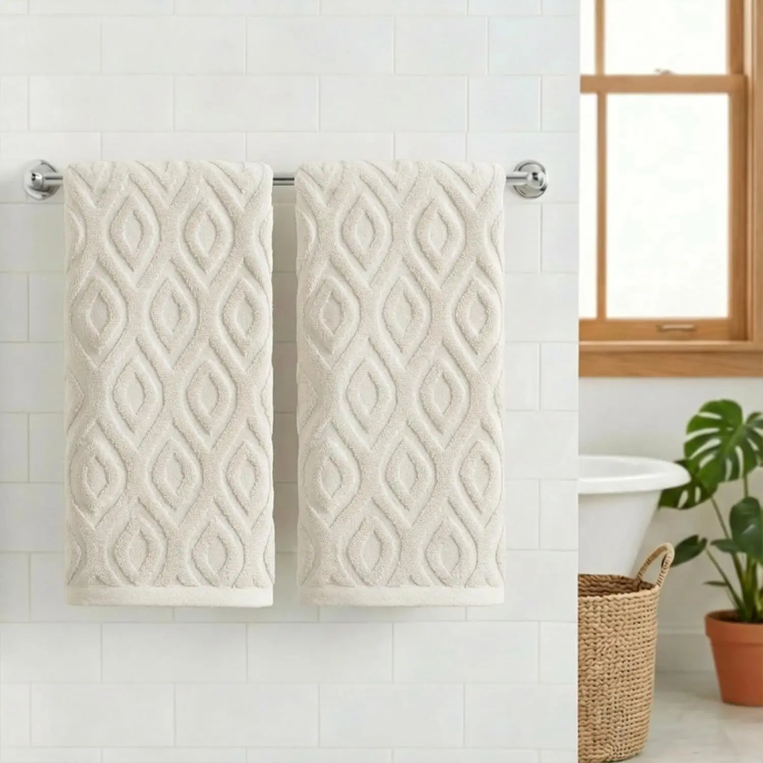Artoid Mode 2 Pcs Beige 3D Diamond Grid Jacquard Hand Towels for Bathroom, 100% Cotton Soft Absorbent Bathroom Decor Towels, 13.7 x 29.5 Inch