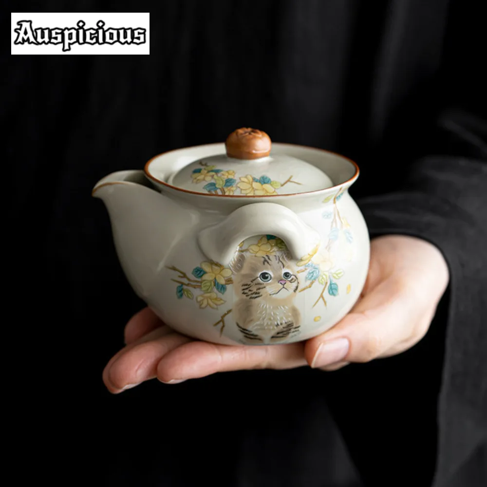 Handmade Cream Ru Kiln Hand Grab Pot Cute Cat Slice Opening Gaiwan Anti Scalding Tea Making Kettle Household Kung Fu Teaware