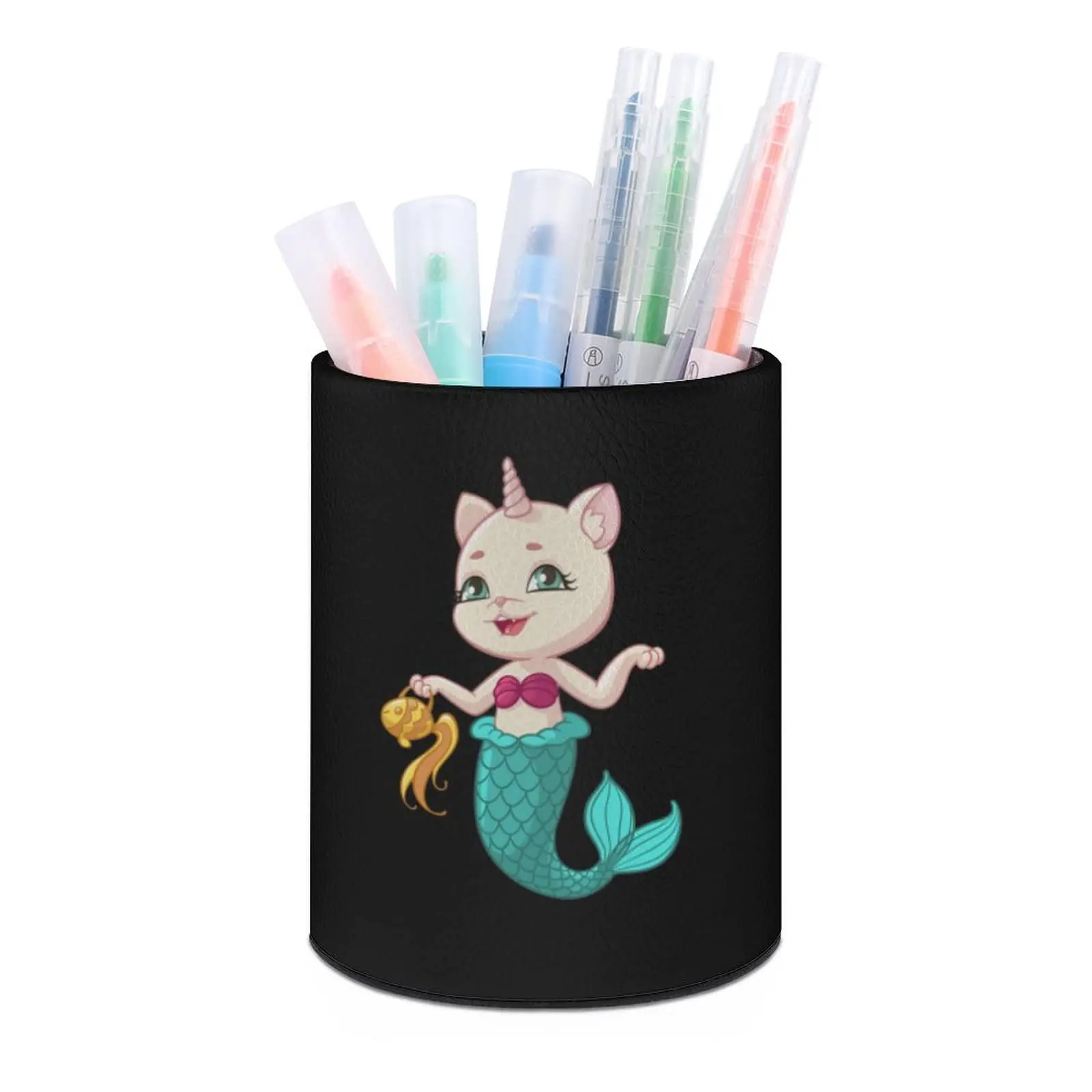 Mermaid Round Pen Holder PU Leather Desk Organizer School Pen Storage Box Woman Make Up Brush Holder Gift Home Office Supplies