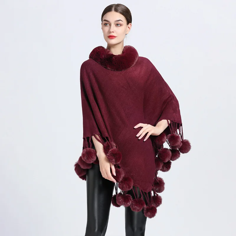 Women Cashmere Feel Poncho Lady Rex Rabbit Faux Fur Collar Pullover Coat Autumn Warm Cloak with Rabbit Hair Ball Knitted Shawl