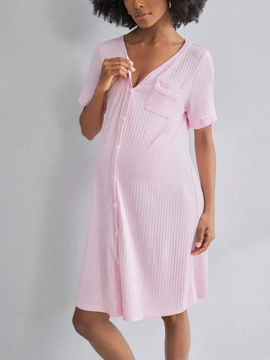 Pink Ribbed Short Sleeve Maternity Nursing Nightgown with Front Buttons