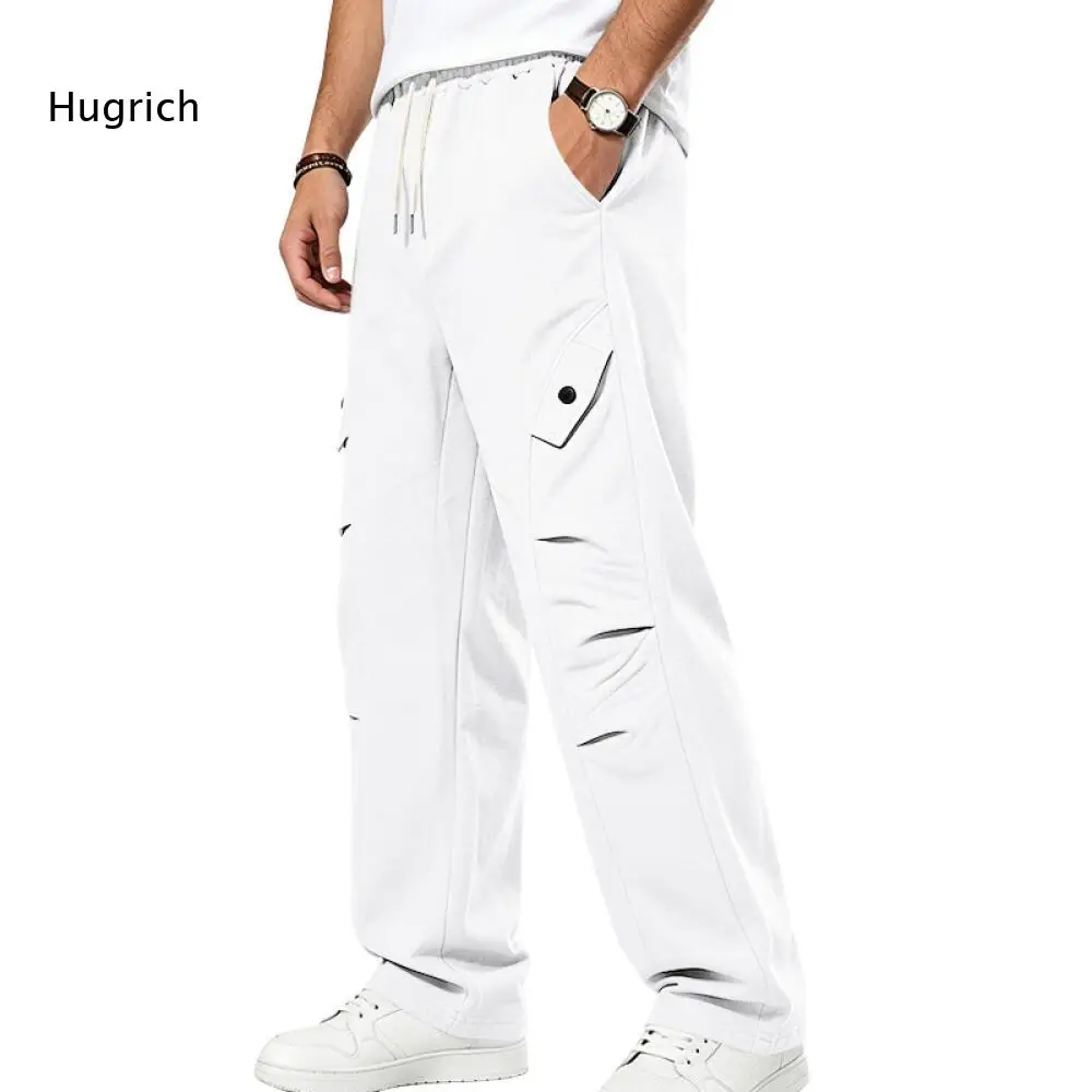 Loose Straight Casual Pants For Men Elastic Drawstring Waist Decor Cut Design Functional Side Pockets Daily Street Bottoms