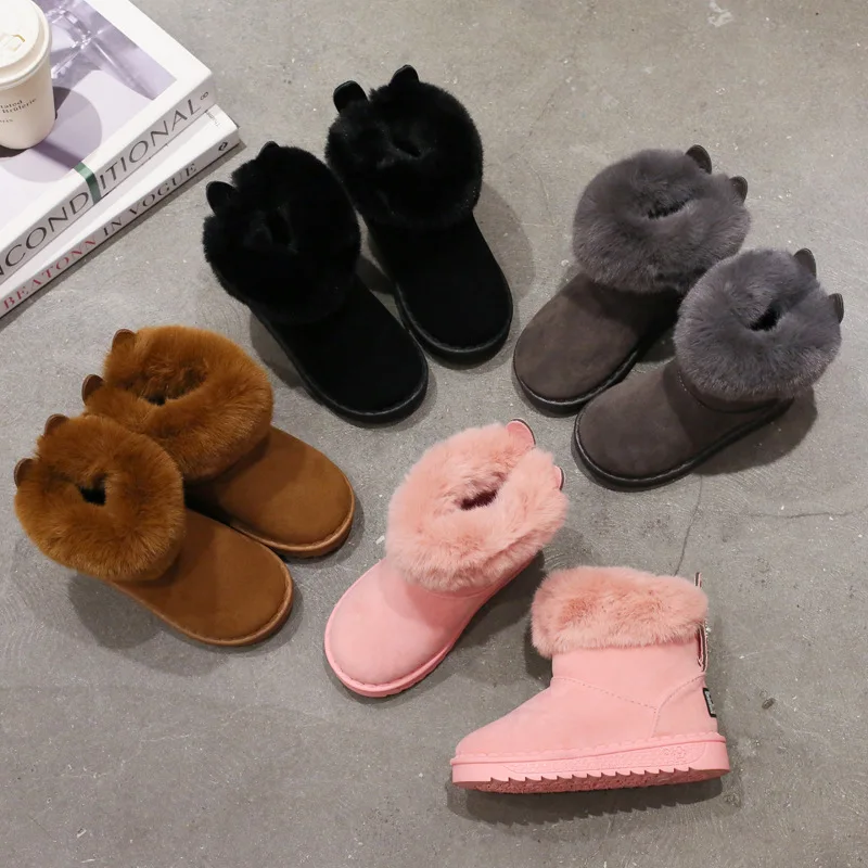 Children Snow Boots Girls Plush Princess Short Boots Girl Cute Rabbit Ears Warm Cotton Shoes Winter Boys Plush Shoes