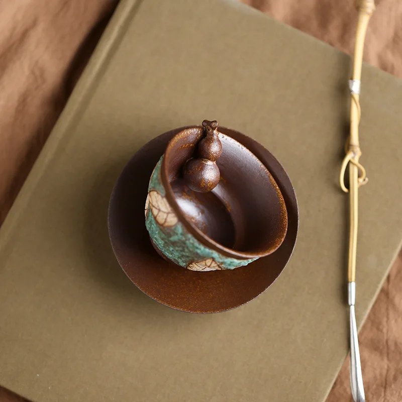 Old Rock Clay Coarse Pottery Gourd Tea Cup Turquoise Carving Handmade Personal Tasting Cup With Coaster Tea Table Decor Gift