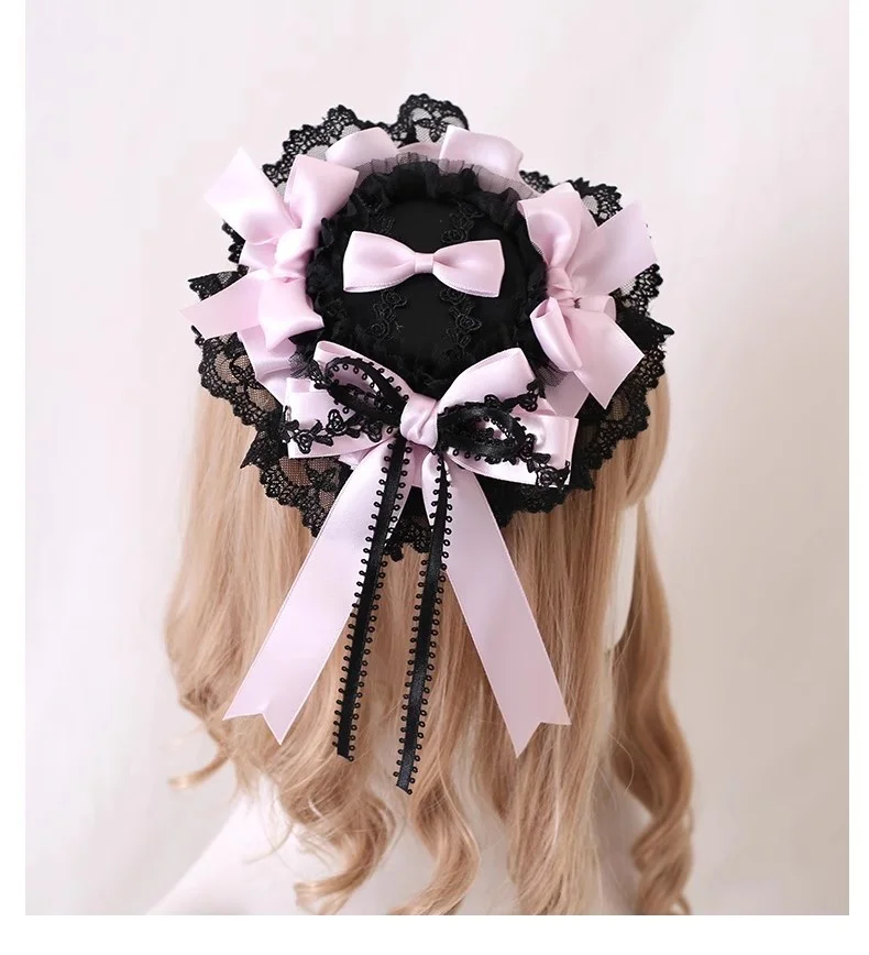Original Black Satin Ballet Lolita Gothic Headband Side Clip Hat Headband KC Sweet Cool Maid Small Flat Hat Hair Accessories