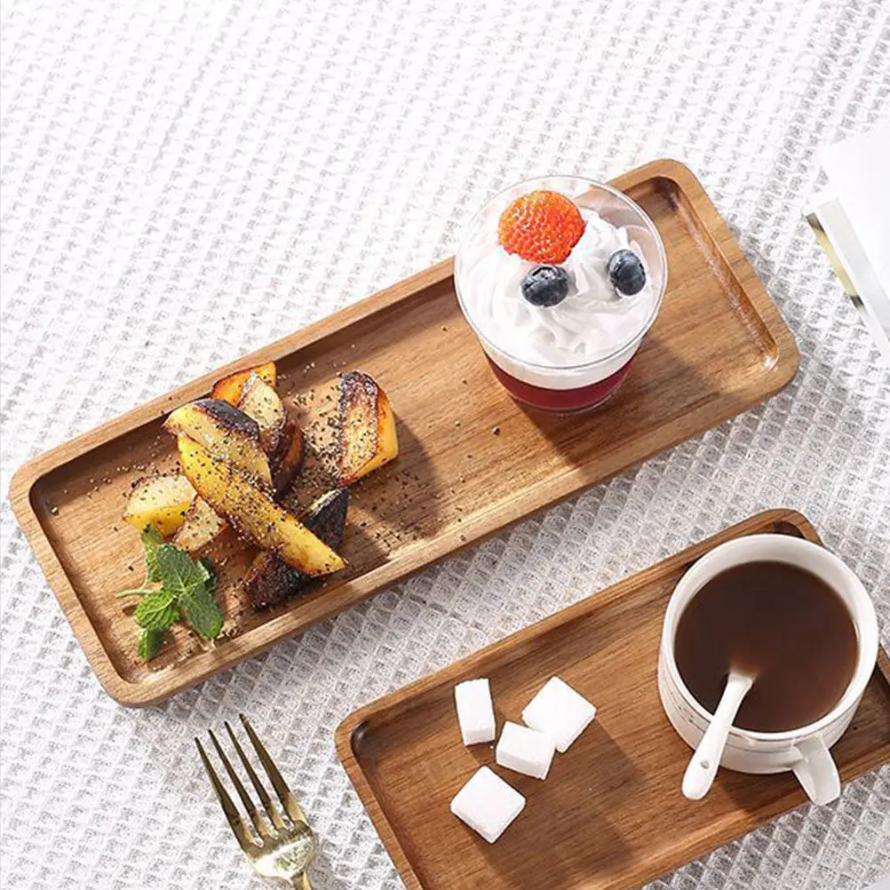2Pcs Rectangular Wooden Breakfast Tray Fine Craftsmanship Large Size Stackable Decorative Serving Plate Kitchen Fruit Bread