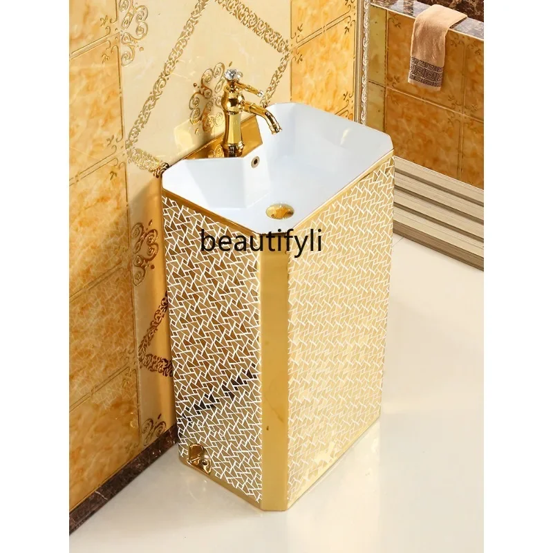 European-Style Pedestal Basin Integrated Wash Basin Hotel Column Washbasin Ceramic Gold Floor-Standing Inter-Platform Basin