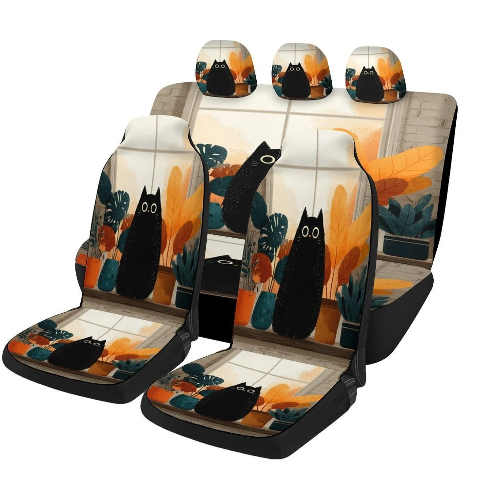 Set Of Car Seat Covers Featuring A Black Cat And Plants, Suitable For Various Vehicles. Stylish And Durable, This Complete Set I