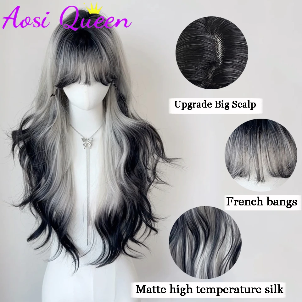 AOSI-perucas cosplay gradiente de onda longa para mulheres, preto e cinza, resistente ao calor, perucas sintéticas, natural lolita bangs