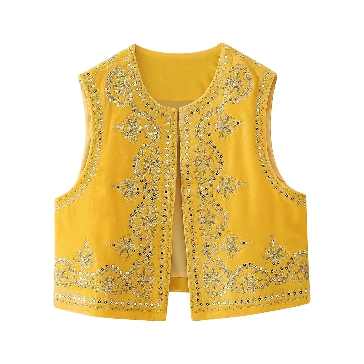 Ethnic Bling Sequins Embroidery Flower Velour WaistCoat Women BOHO Open Sleeveless Vest Jacket Velvet Vacation Loose Tops white