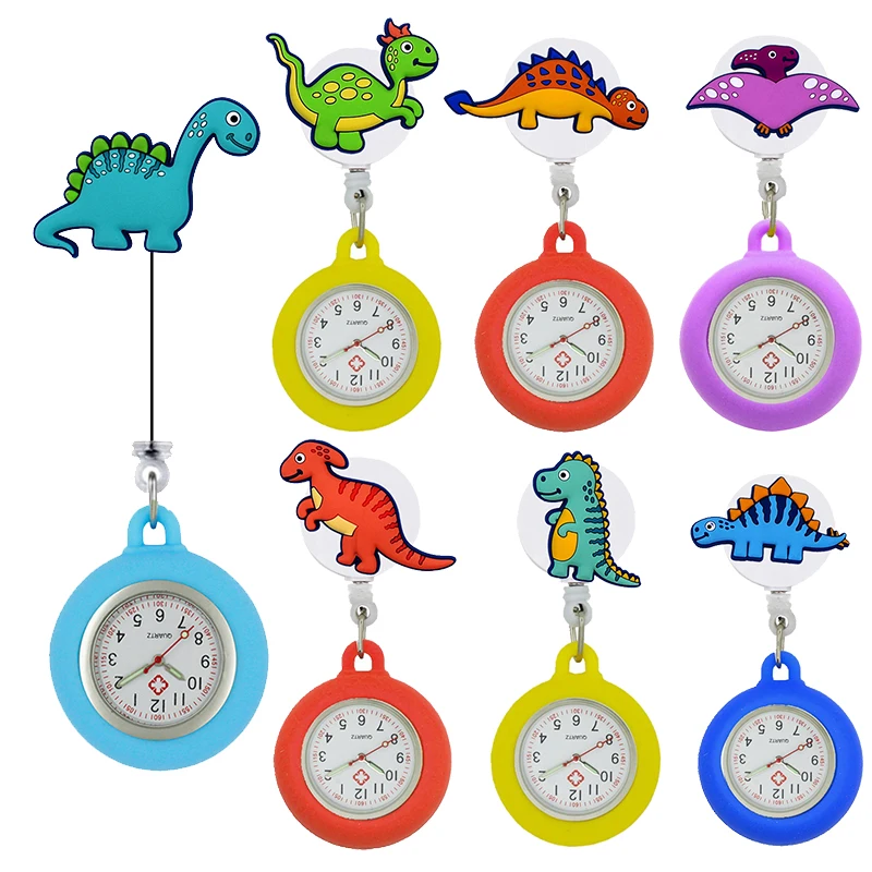 

YiJia Cartoon Dinosaur Nurse Pocket Watch with Rubber Shell Medical Retractable Badge Reel Medical Reloj for Boys Girls