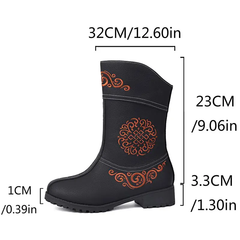 

ORCHA LISA 2025 New Design Women's Mid Calf Boots Round Toe 3.5cm Thick Heel Slip On Embroidered Plus Size 42-43 Casual Daily