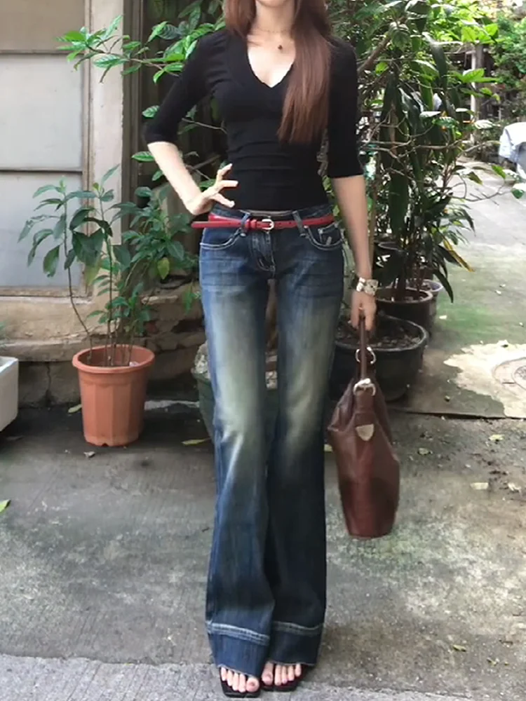 Sweet Cool Spicy Low Waist Bell Bottom Straight Leg  Hoof Jeans Women's Stretchy Slimming Casual Denim Pants